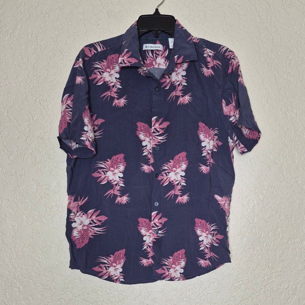 Cubavera Mens Large Navy Blue Pink Tropical Floral Viscose Button Down Shirt